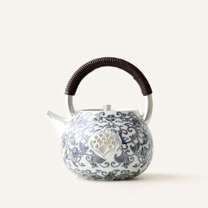 Chinese Teapot Blue White Porcelain Silver-Gilt Ruyi 600ml