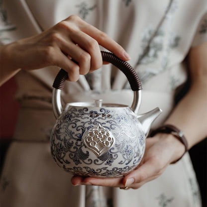 Chinese Teapot Blue White Porcelain Silver-Gilt Ruyi 600ml
