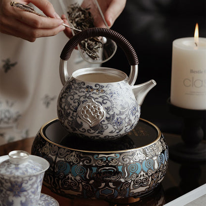 Chinese Teapot Blue White Porcelain Silver-Gilt Ruyi 600ml