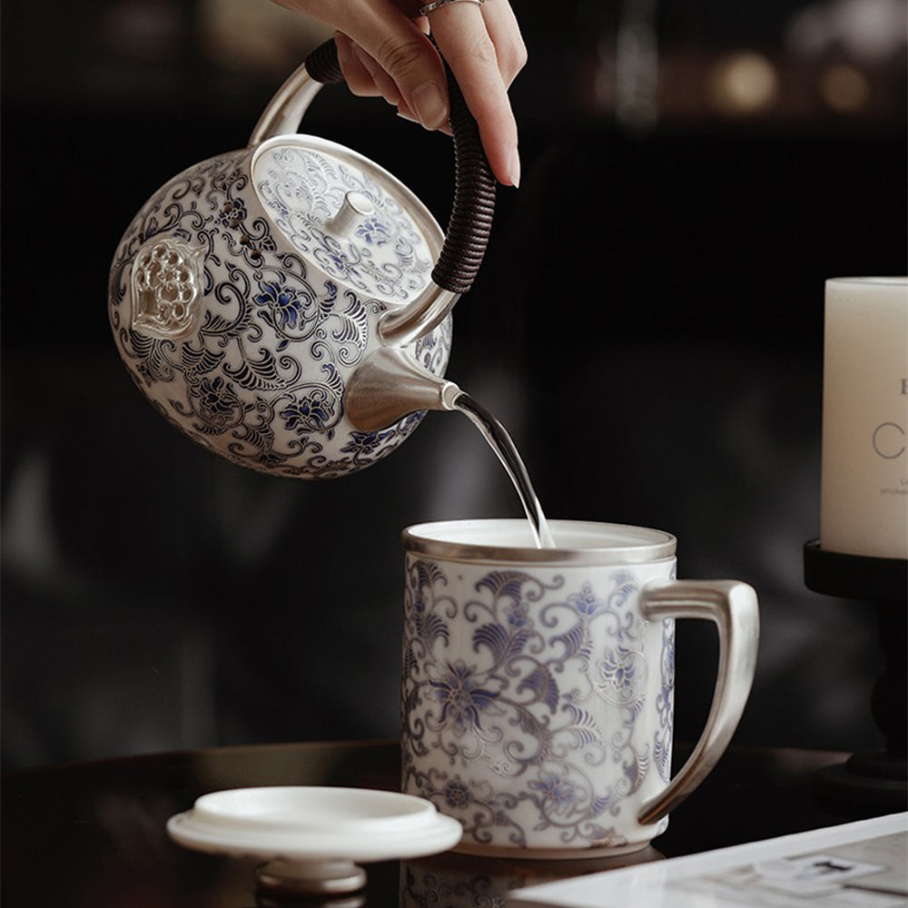 Chinese Teapot Blue White Porcelain Silver-Gilt Ruyi 600ml