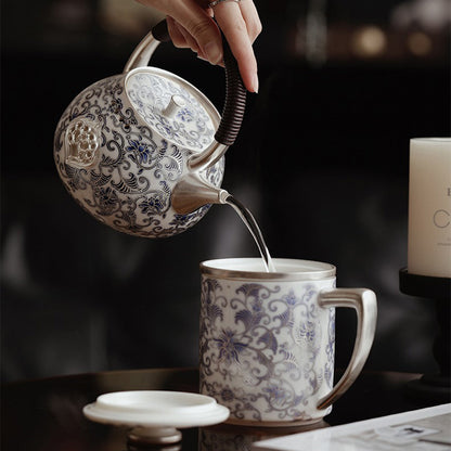 Chinese Teapot Blue White Porcelain Silver-Gilt Ruyi 600ml