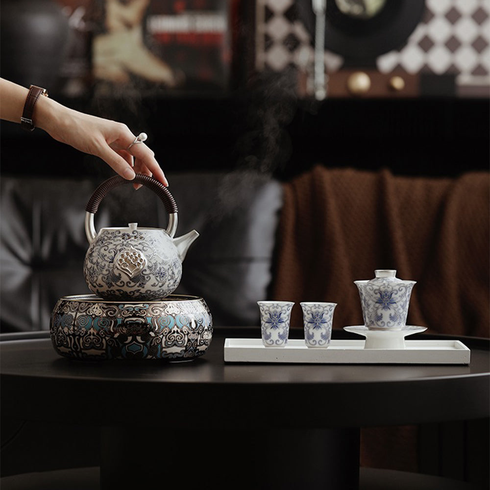 Chinese Teapot Blue White Porcelain Silver-Gilt Ruyi 600ml