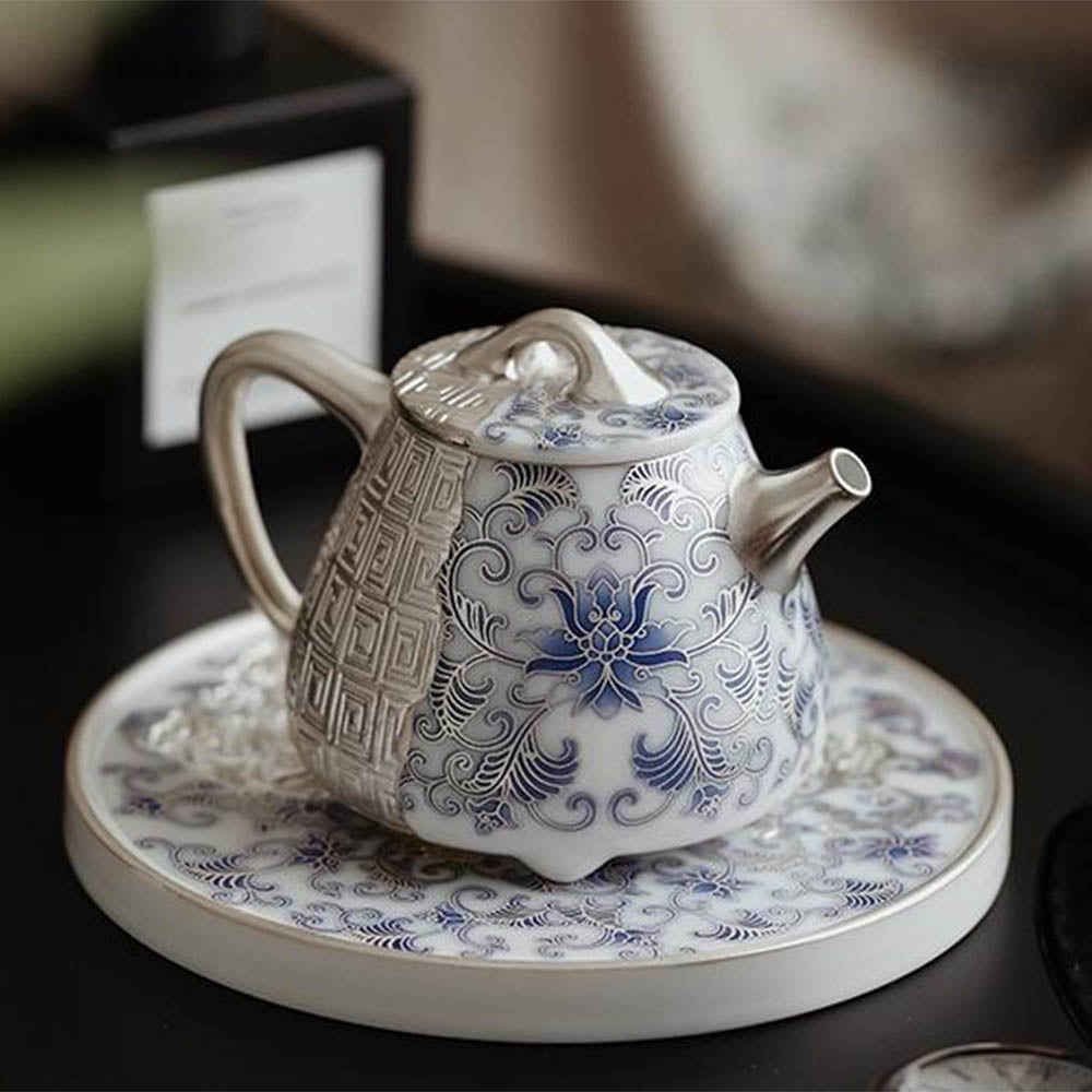 Shi Piao Teapot Silver-Gilt Blue White Dehua Porcelain 230ml