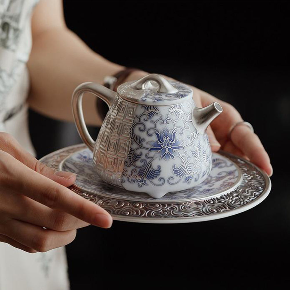Shi Piao Teapot Silver-Gilt Blue White Dehua Porcelain 230ml