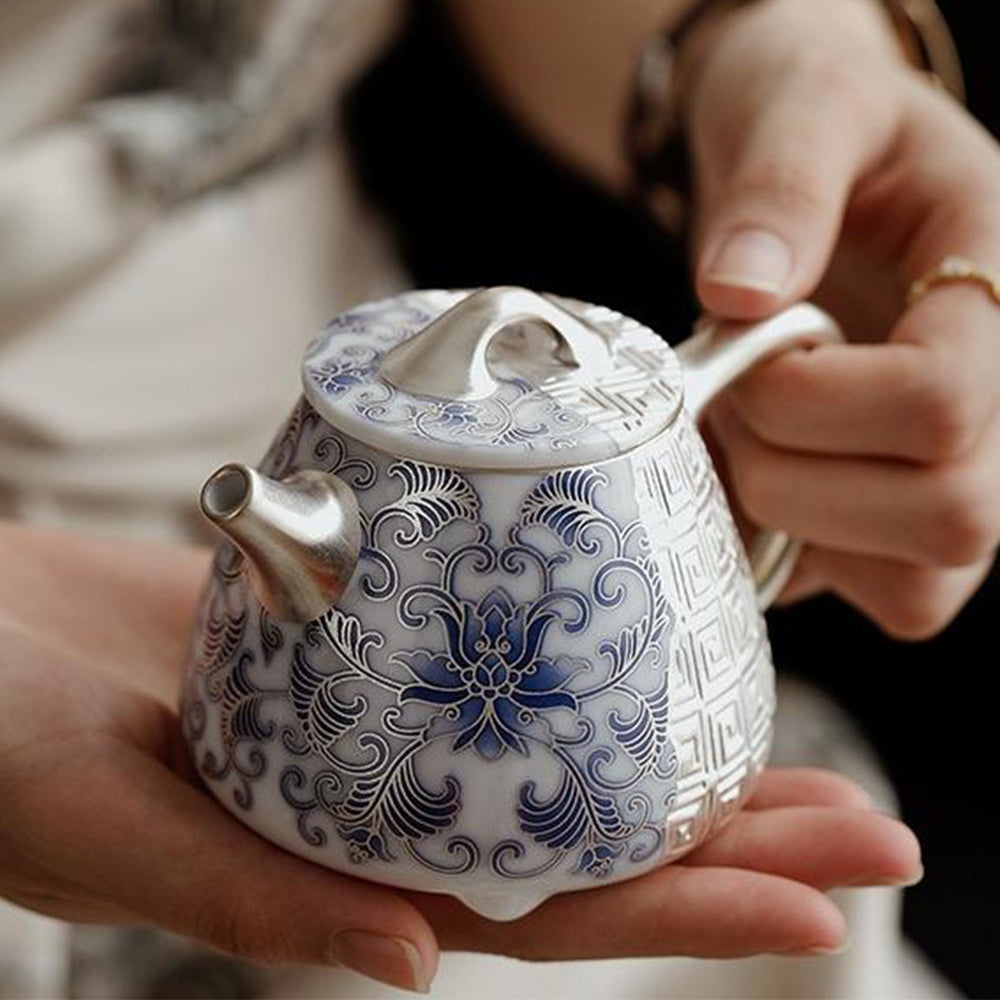 Shi Piao Teapot Silver-Gilt Blue White Dehua Porcelain 230ml