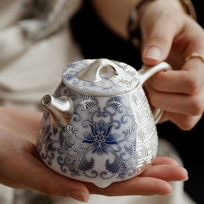 Shi Piao Teapot Silver-Gilt Blue White Dehua Porcelain 230ml