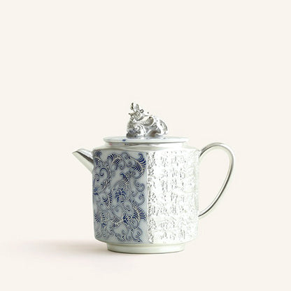 Gongfu Teapot Blue White Porcelain Silver-Gilt Engraved 140ml