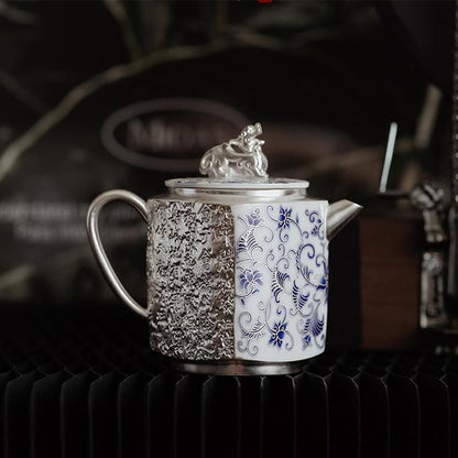 Gongfu Teapot Blue White Porcelain Silver-Gilt Engraved 140ml