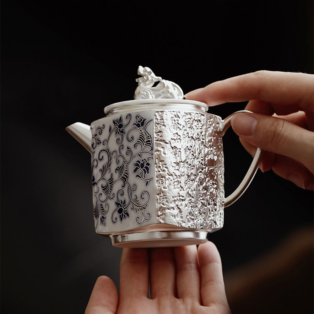 Gongfu Teapot Blue White Porcelain Silver-Gilt Engraved 140ml