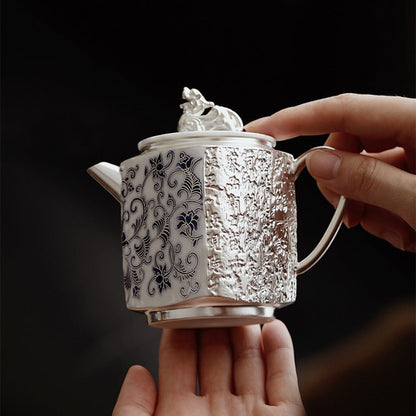 Gongfu Teapot Blue White Porcelain Silver-Gilt Engraved 140ml