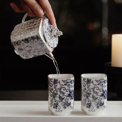 Gongfu Teapot Blue White Porcelain Silver-Gilt Engraved 140ml