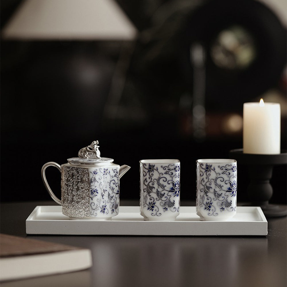Gongfu Teapot Blue White Porcelain Silver-Gilt Engraved 140ml
