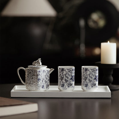 Gongfu Teapot Blue White Porcelain Silver-Gilt Engraved 140ml