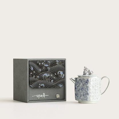 Gongfu Teapot Blue White Porcelain Silver-Gilt Engraved 140ml