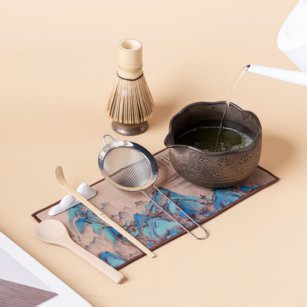 Flower Carved Matcha Tea Set with Chawan & Bamboo Whisk