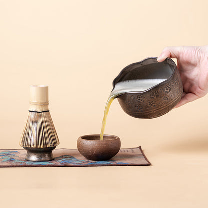 Flower Carved Matcha Tea Set with Chawan & Bamboo Whisk