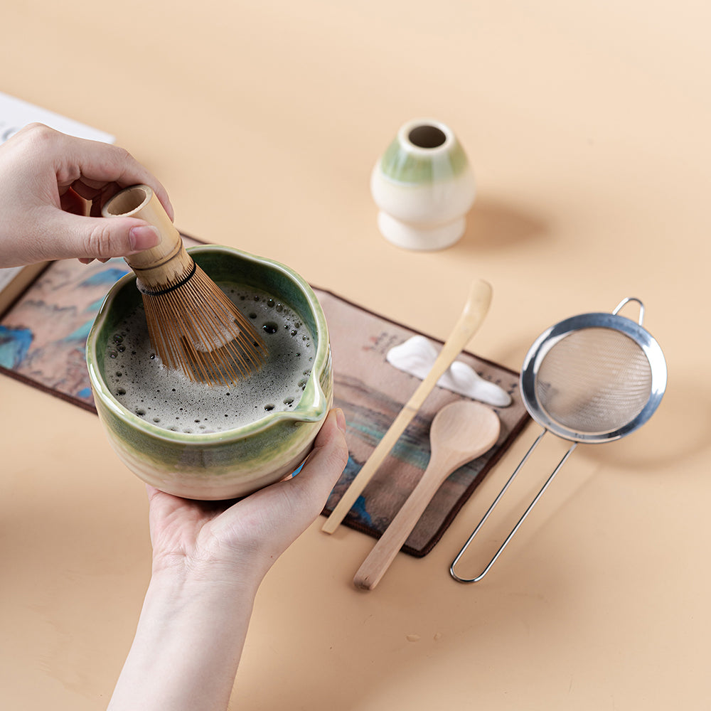 Matcha Tea Set Green Glaze Ceramic Chawan Whisk Kit