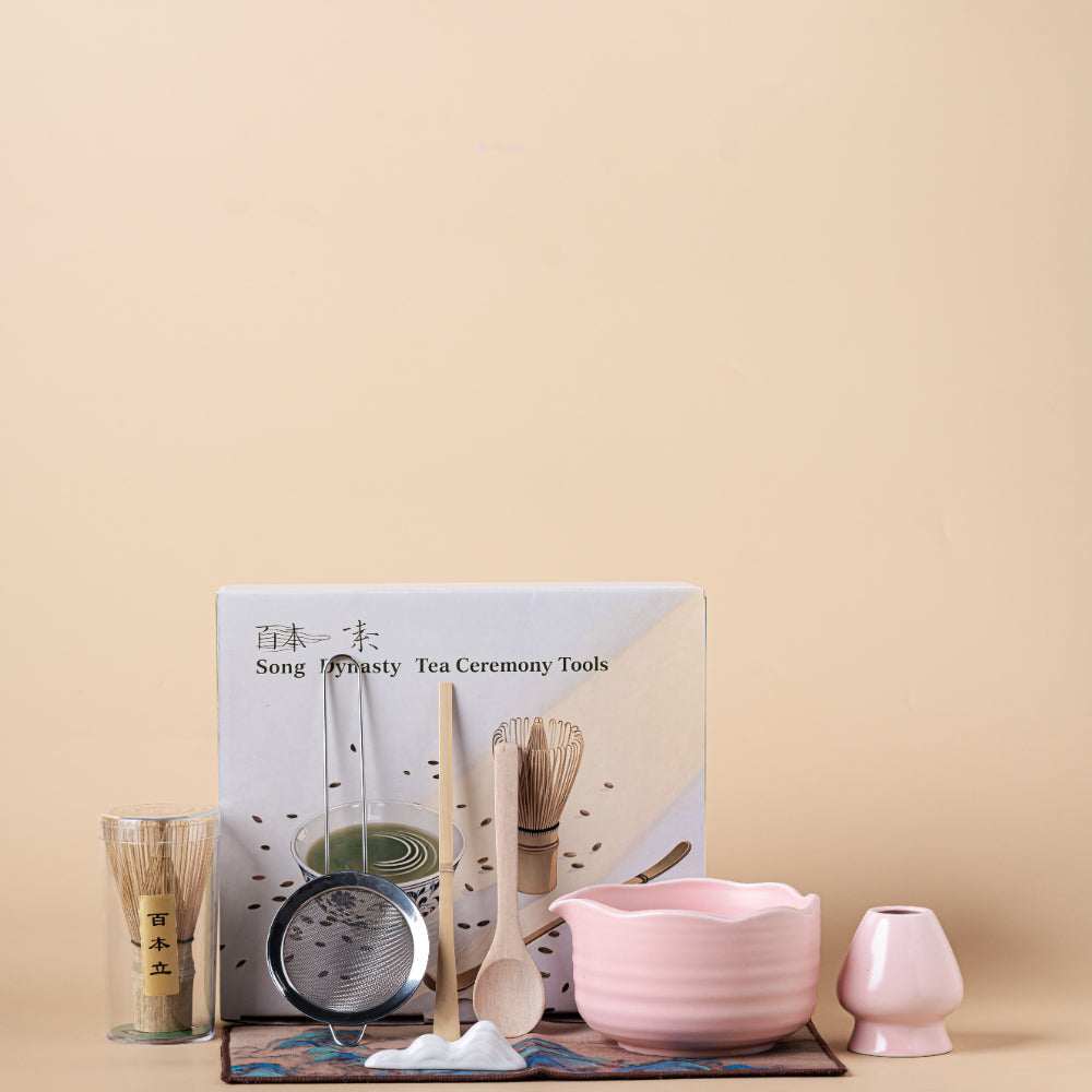 Pink Matcha Tea Set Ceramic Chawan 550ml Bamboo Whisk 8-Piece
