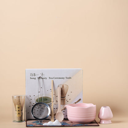 Pink Matcha Tea Set Ceramic Chawan 550ml Bamboo Whisk 8-Piece