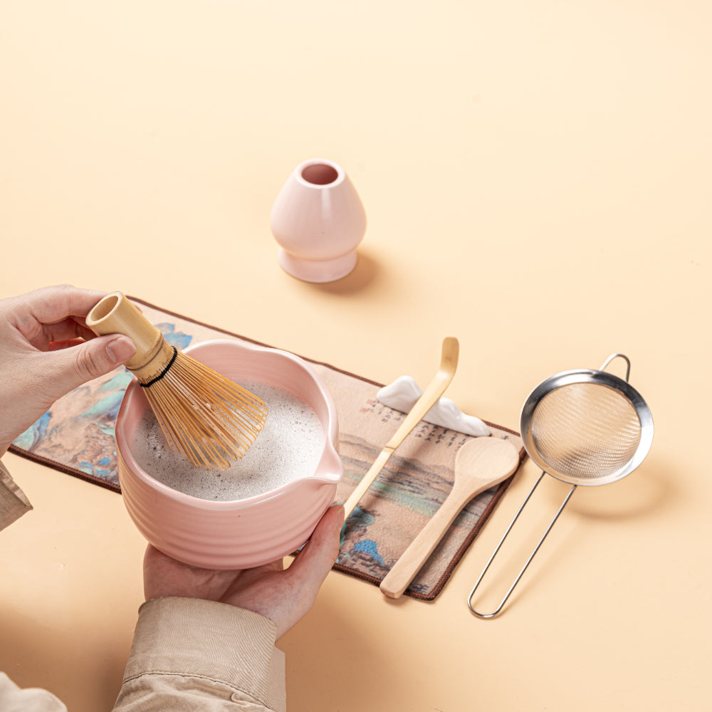 Pink Matcha Tea Set Ceramic Chawan 550ml Bamboo Whisk 8-Piece