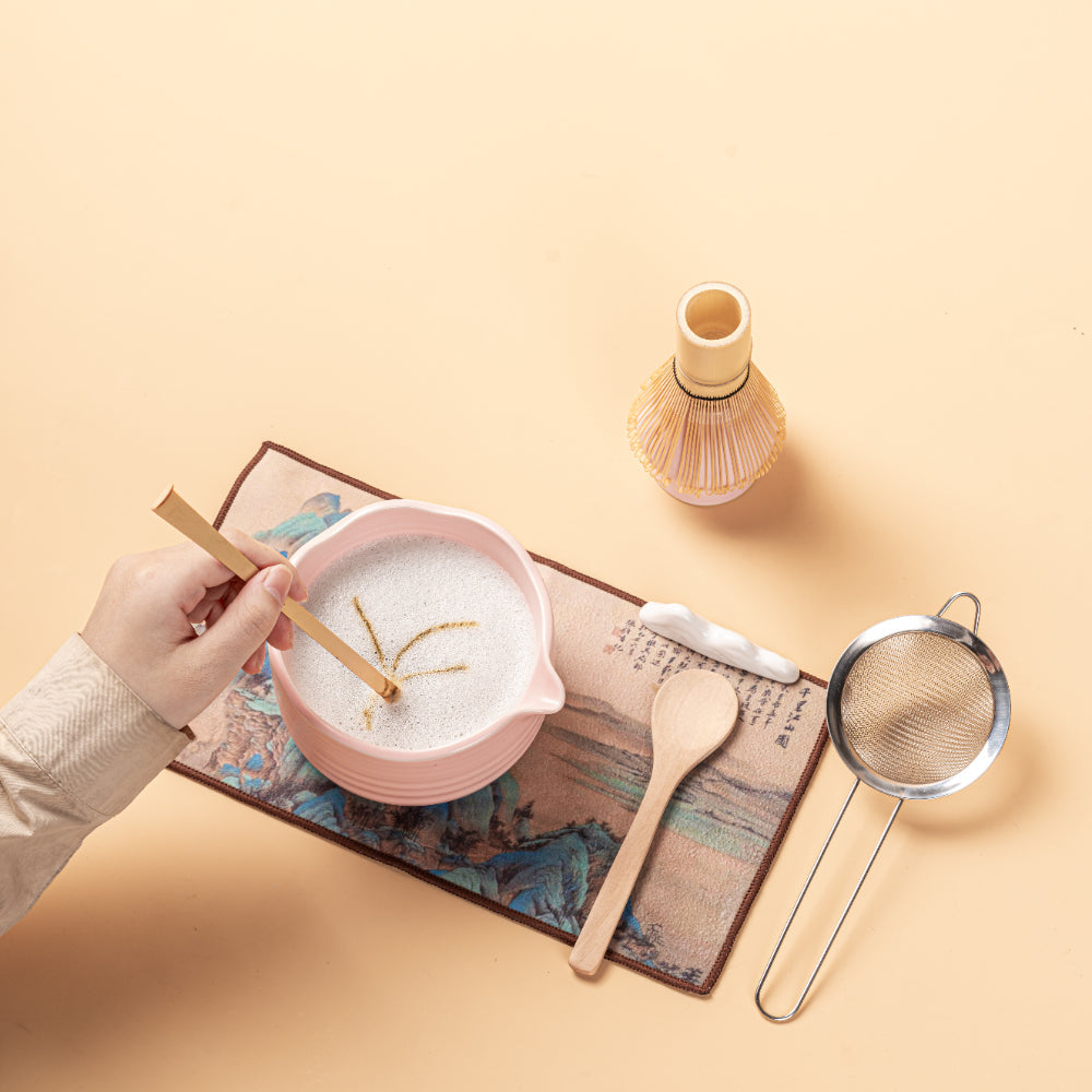 Pink Matcha Tea Set Ceramic Chawan 550ml Bamboo Whisk 8-Piece