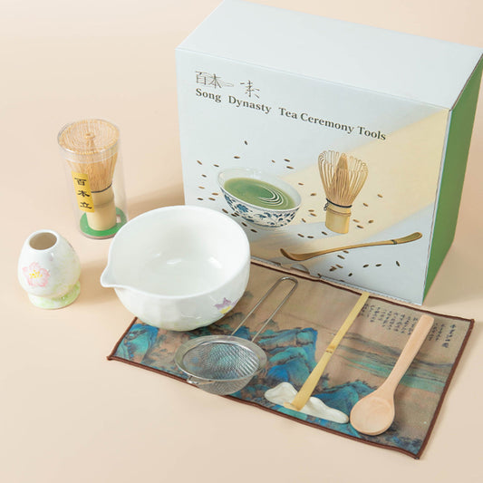 Matcha Tea Set | Butterfly Flower Chawan, 100-Tooth Whisk, 8pc