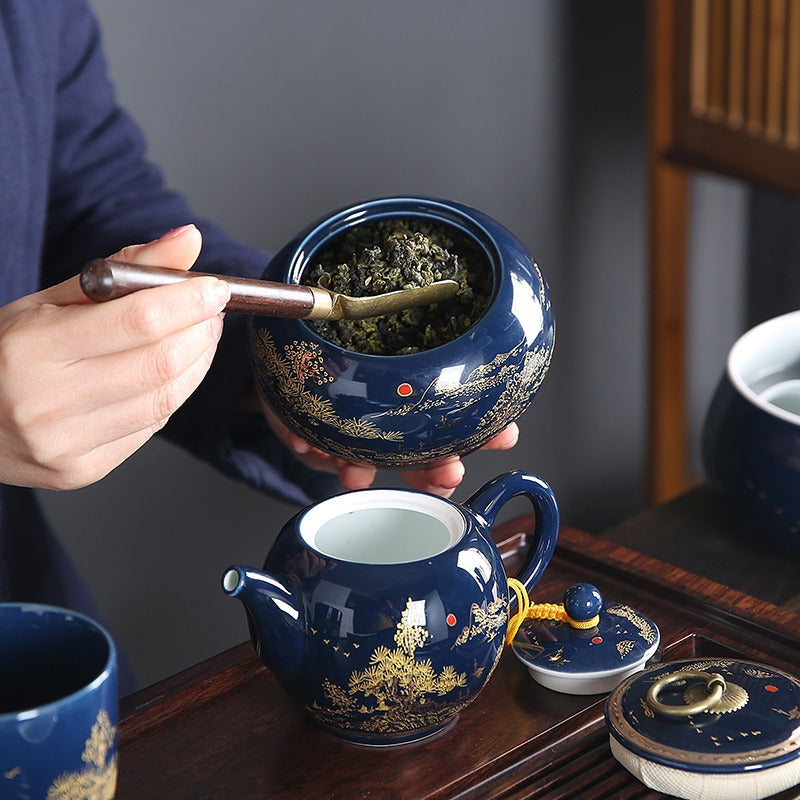 Ji Blue Dehua Porcelain Tea Set 13pc | Carved Landscape