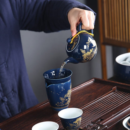 Ji Blue Dehua Porcelain Tea Set 13pc | Carved Landscape