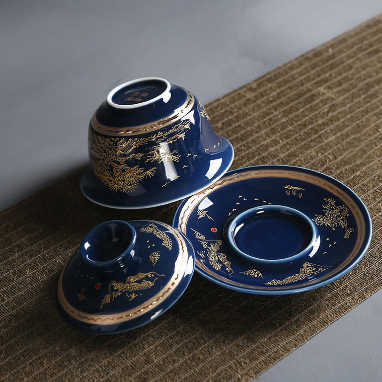 Ji Blue Dehua Porcelain Tea Set 13pc | Carved Landscape