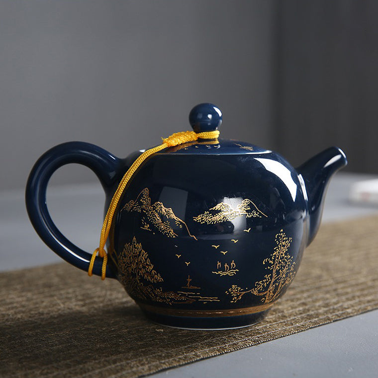 Ji Blue Dehua Porcelain Tea Set 13pc | Carved Landscape