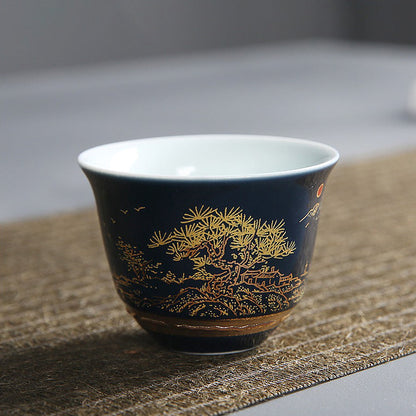 Ji Blue Dehua Porcelain Tea Set 13pc | Carved Landscape