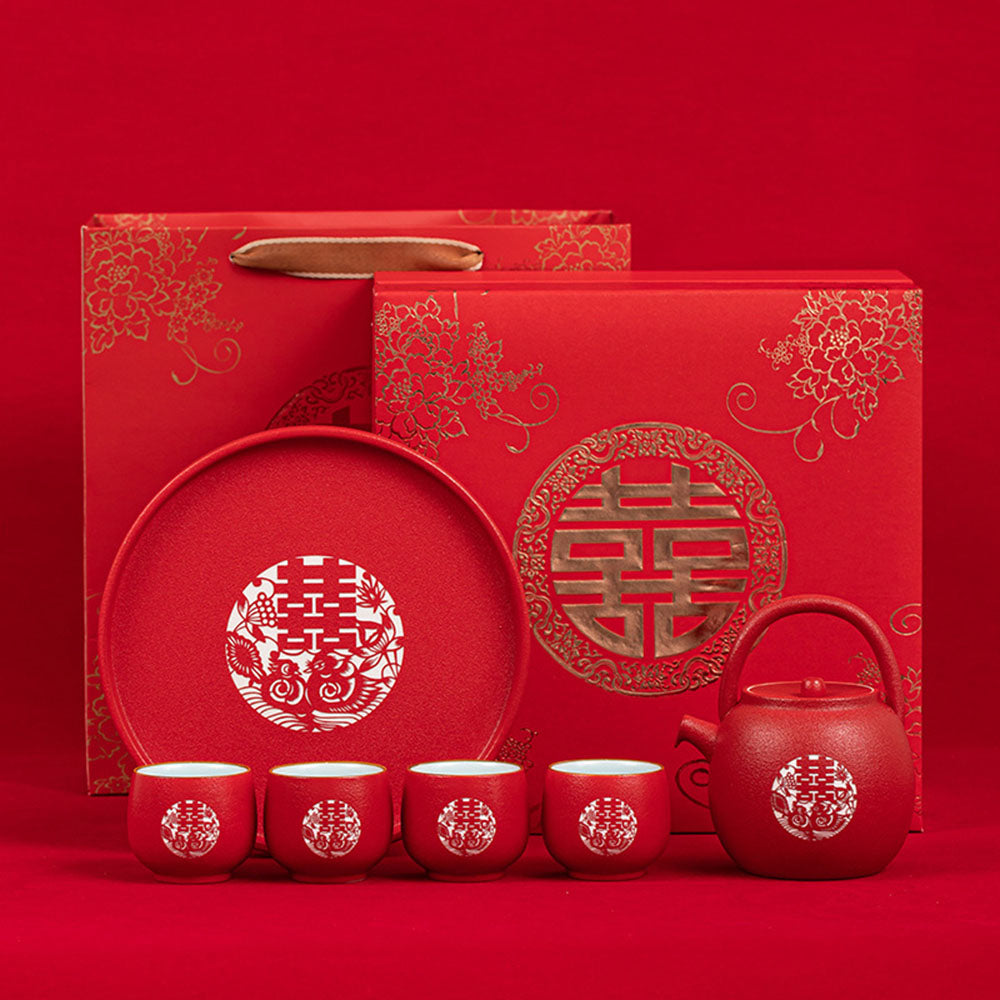Red Wedding Tea Set Double Happiness Porcelain 1 Pot 4 Cups
