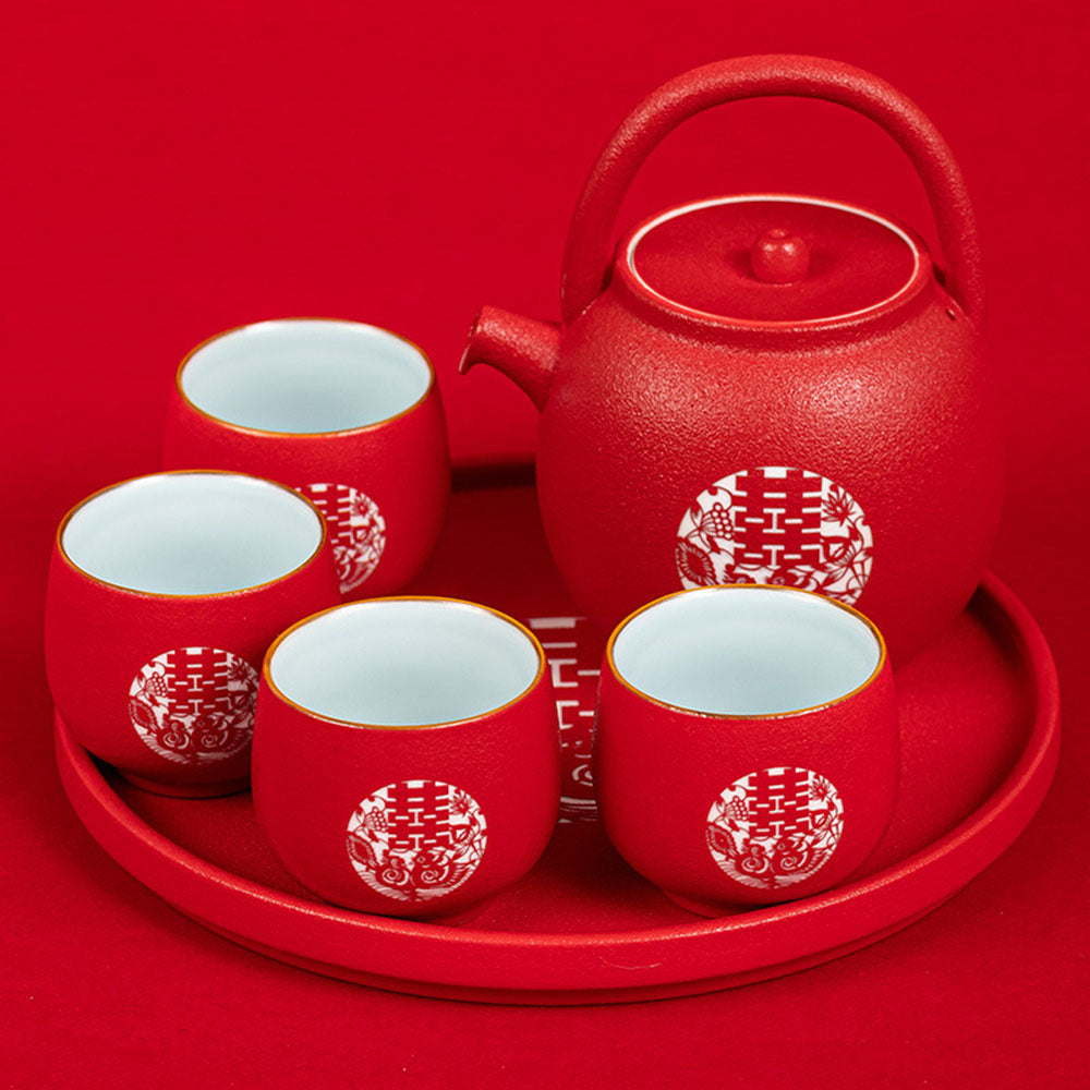 Red Wedding Tea Set Double Happiness Porcelain 1 Pot 4 Cups