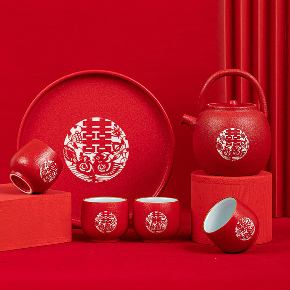 Red Wedding Tea Set Double Happiness Porcelain 1 Pot 4 Cups