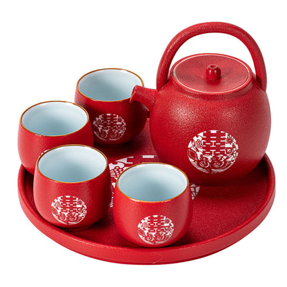Red Wedding Tea Set Double Happiness Porcelain 1 Pot 4 Cups
