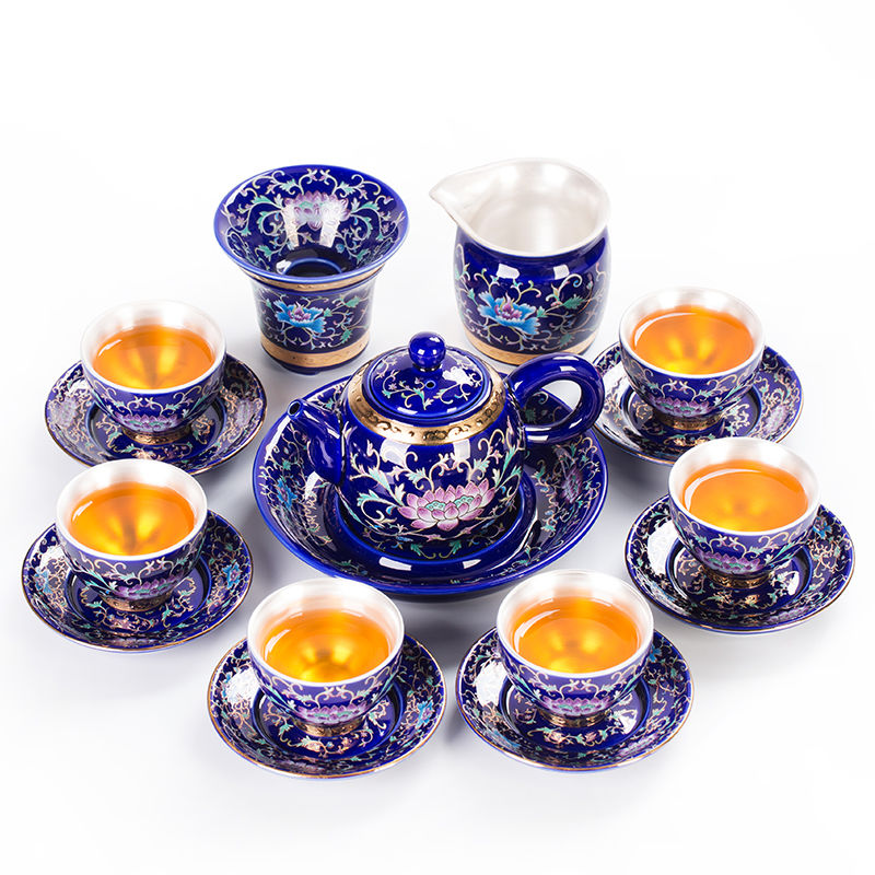 Jingdezhen Enamel Tea Set 925 Sterling Silver Interior 17-Piece