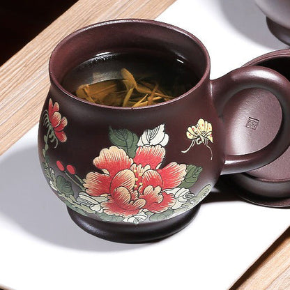 Handmade Purple Clay Peony Tea Cup with Lid