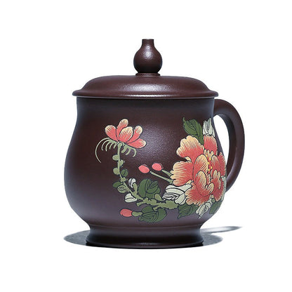 Handmade Purple Clay Peony Tea Cup with Lid
