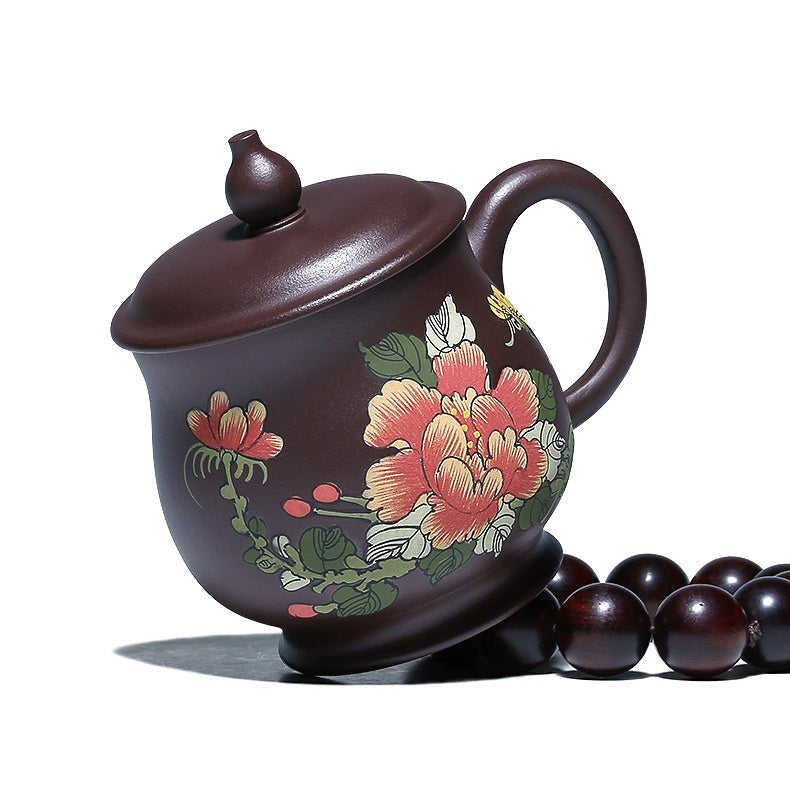 Handmade Purple Clay Peony Tea Cup with Lid