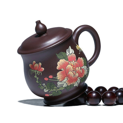 Handmade Purple Clay Peony Tea Cup with Lid