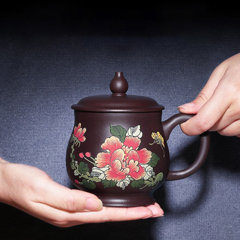 Handmade Purple Clay Peony Tea Cup with Lid