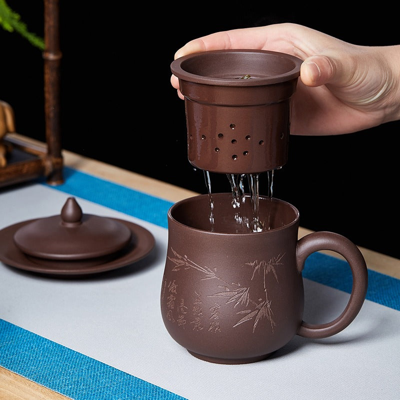 Authentic Yixing Zisha Tea Cup Bamboo With Lid Infuser Saucer