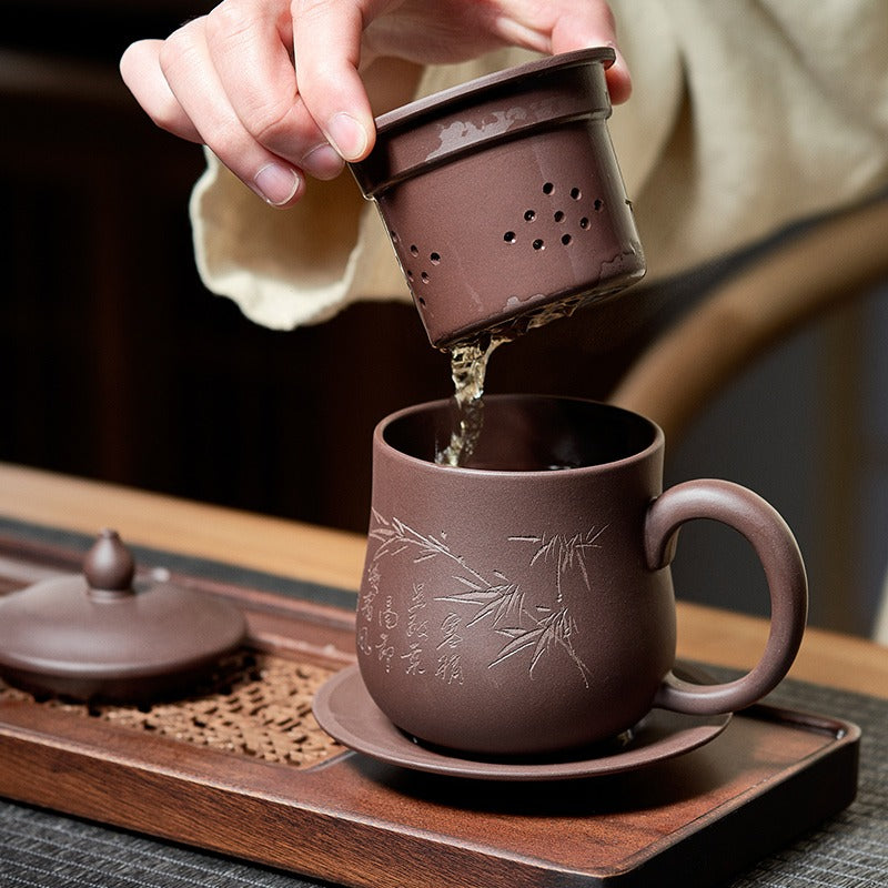 Authentic Yixing Zisha Tea Cup Bamboo With Lid Infuser Saucer