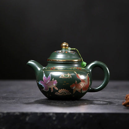 Enamel Teapot Yixing Green Clay Goldfish Gold Accent 400ml