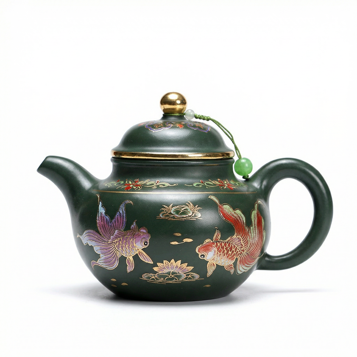 Enamel Teapot Yixing Green Clay Goldfish Gold Accent 400ml