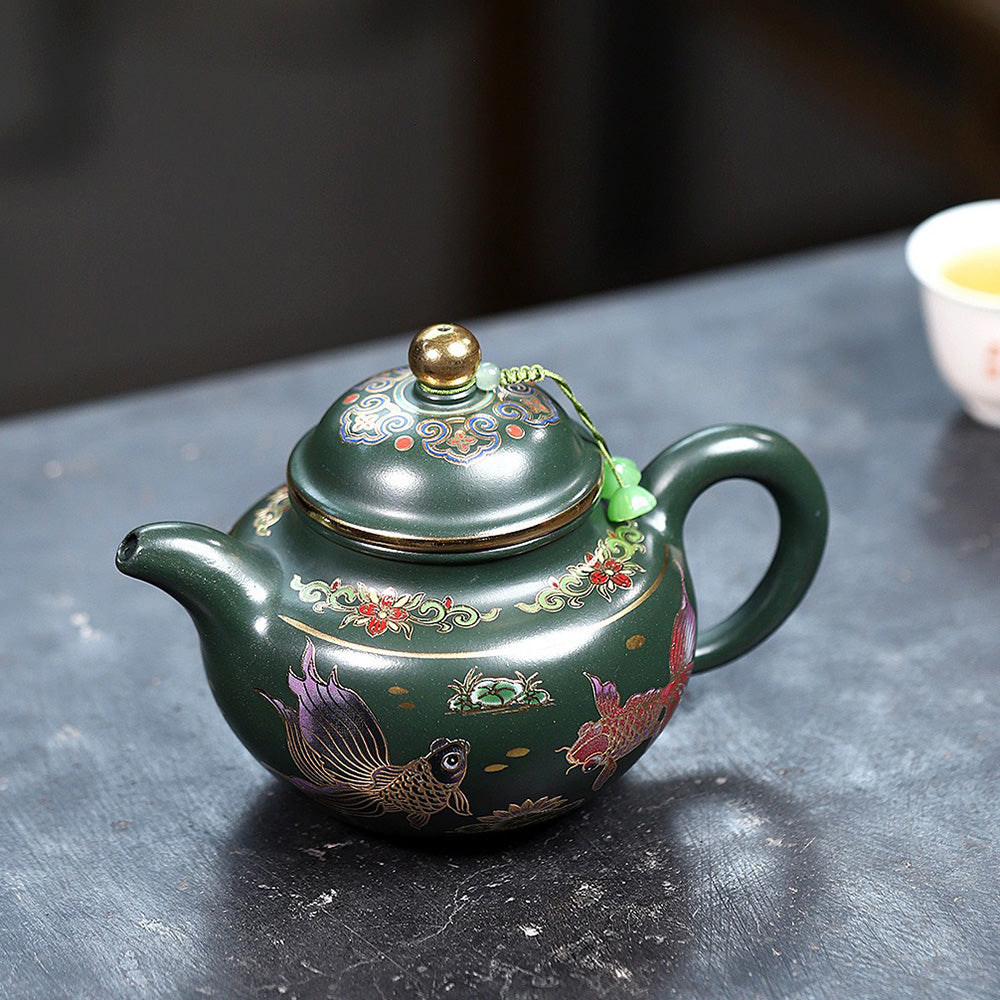Enamel Teapot Yixing Green Clay Goldfish Gold Accent 400ml
