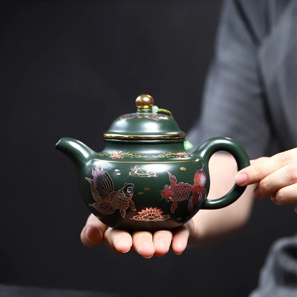 Enamel Teapot Yixing Green Clay Goldfish Gold Accent 400ml