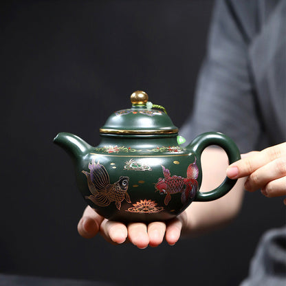 Enamel Teapot Yixing Green Clay Goldfish Gold Accent 400ml