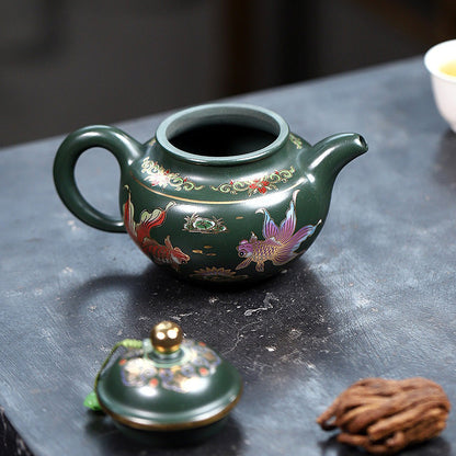 Enamel Teapot Yixing Green Clay Goldfish Gold Accent 400ml