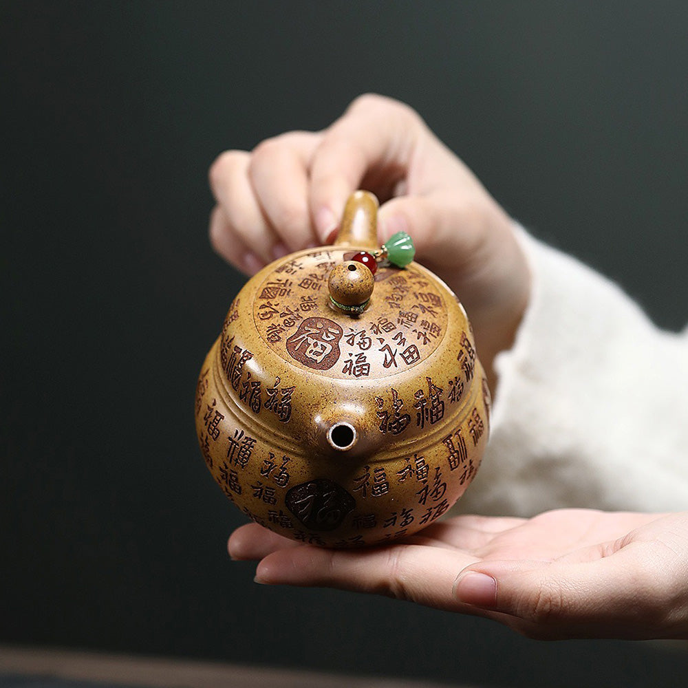 Yixing Teapot Fu Gourd Gold Sand Clay | 270ml Gift Set
